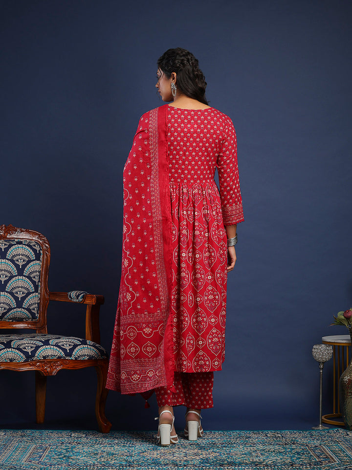 Pink Cotton Blend Printed Straight Suit Set