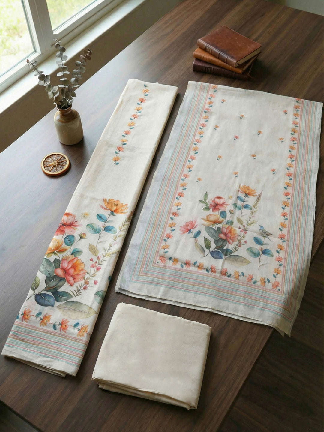 Printed Linen Blend Unstitched Suit With Pant &amp; Dupatta