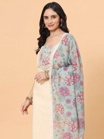 Neck Embroidered Cotton Blend Unstitched Suit Piece With Dupatta