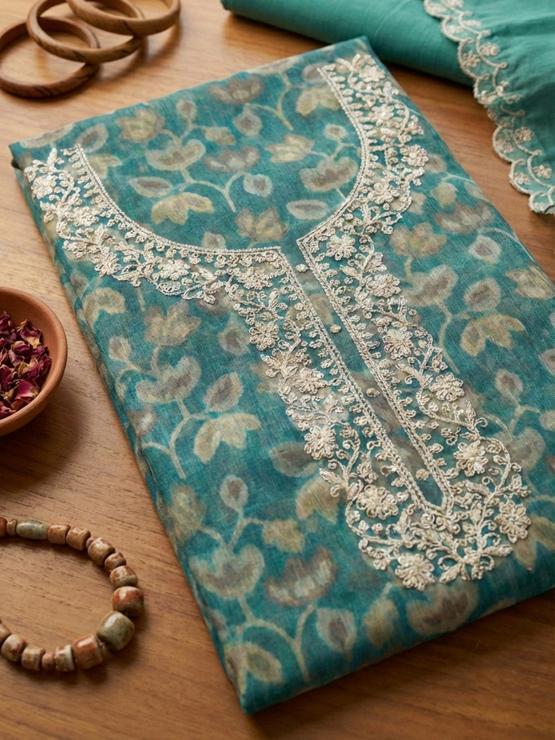 Embroidered Cotton Blend Unstitched Suit With Pant &amp; Dupatta