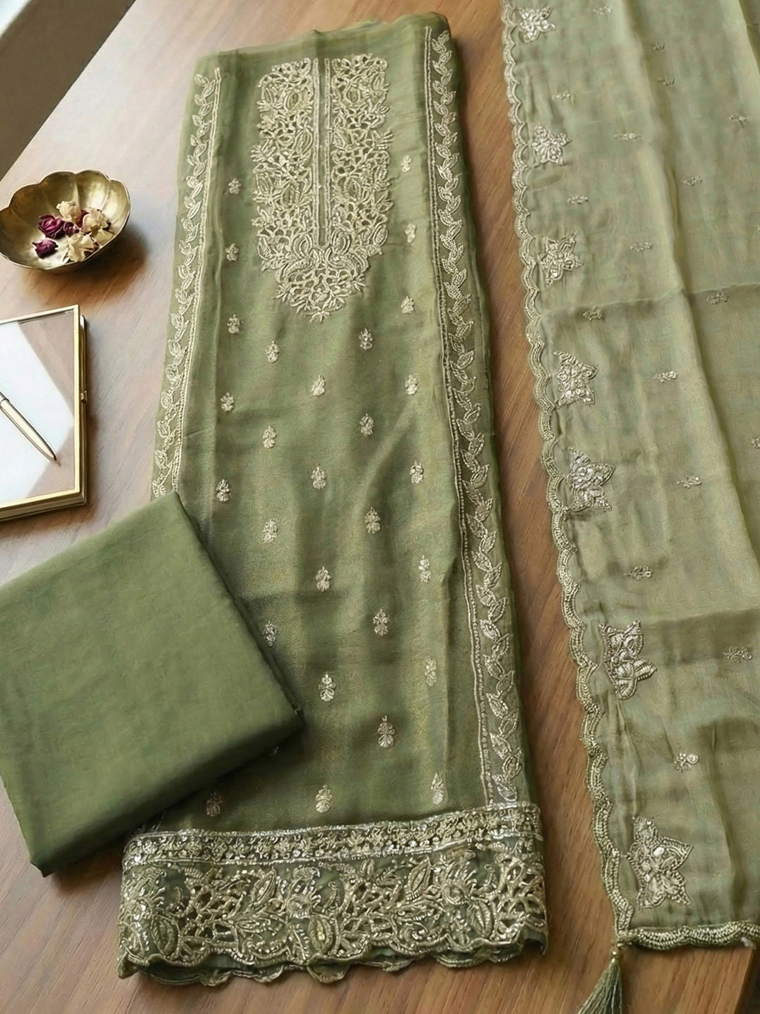 Embroidered Tissue Unstitched Suit With Pant &amp; Dupatta