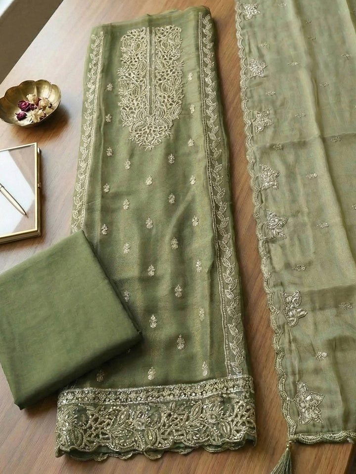 Embroidered Tissue Unstitched Suit With Pant &amp; Dupatta