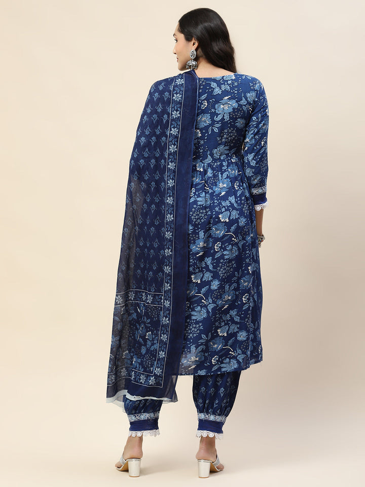 Floral Printed Cotton Kurta With Pants &amp; Dupatta