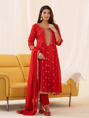 Embroidery Cotton Kurta With Pants & Dupatta