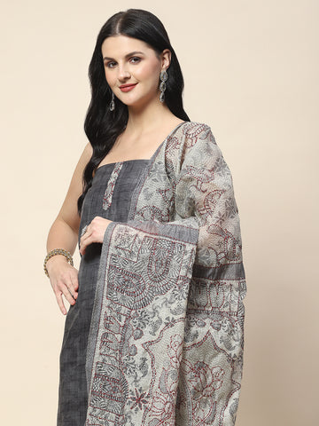 Kantha Work Printed Chanderi Unstitched Suit Piece With Dupatta