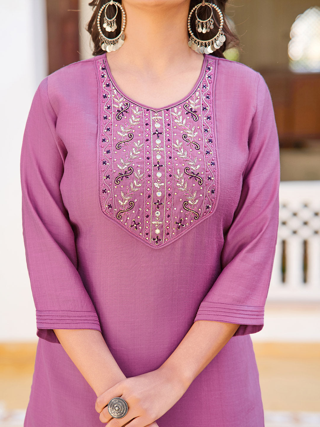 Neck Embroidery Cotton Blend Kurta With Pants &amp; Dupatta