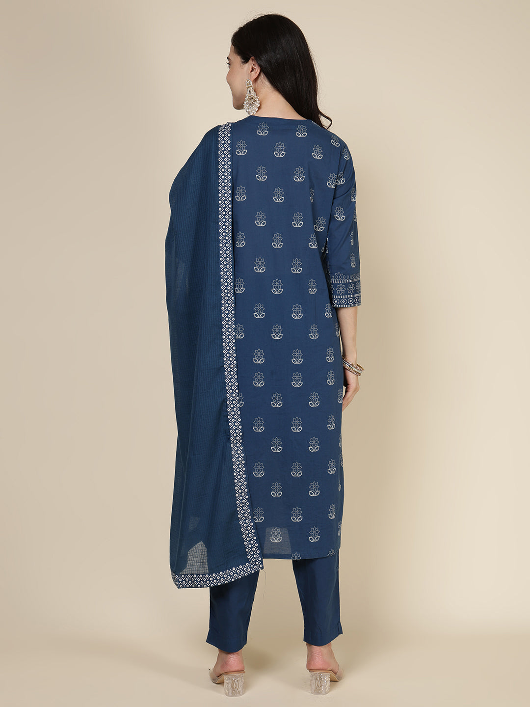 Printed Cotton Blend Kurta With Pants & Dupatta