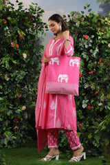 Printed Cotton Kurta With Pants & Dupatta With Bag