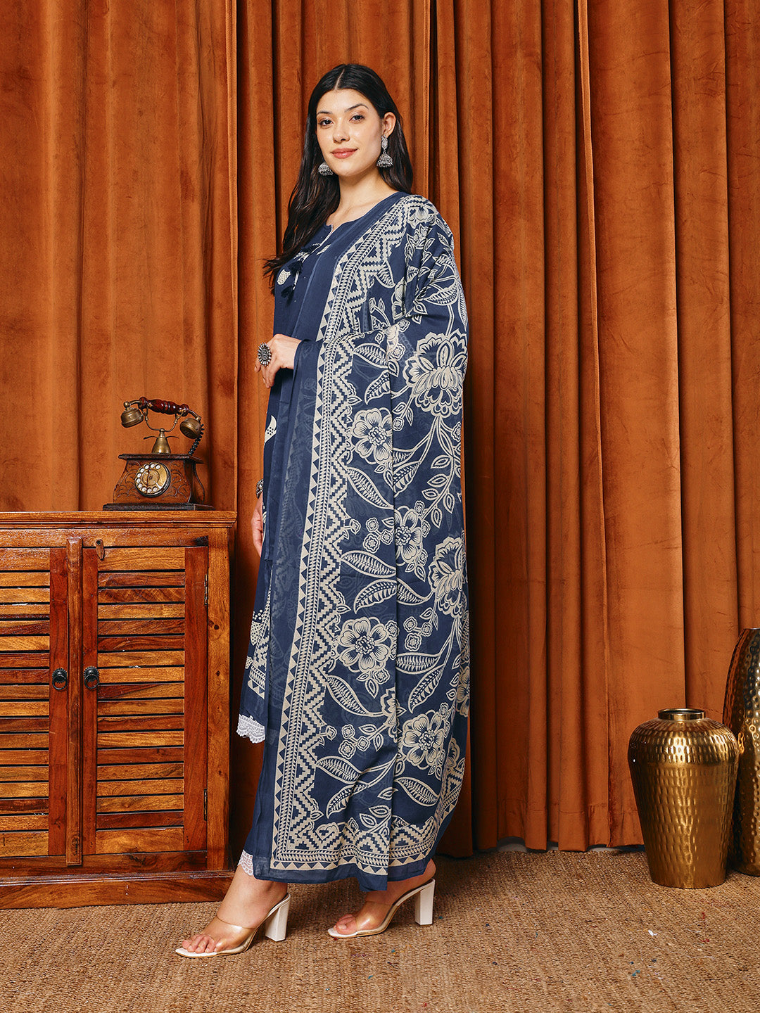 Printed Cotton Blend Kurta With Pants & Dupatta