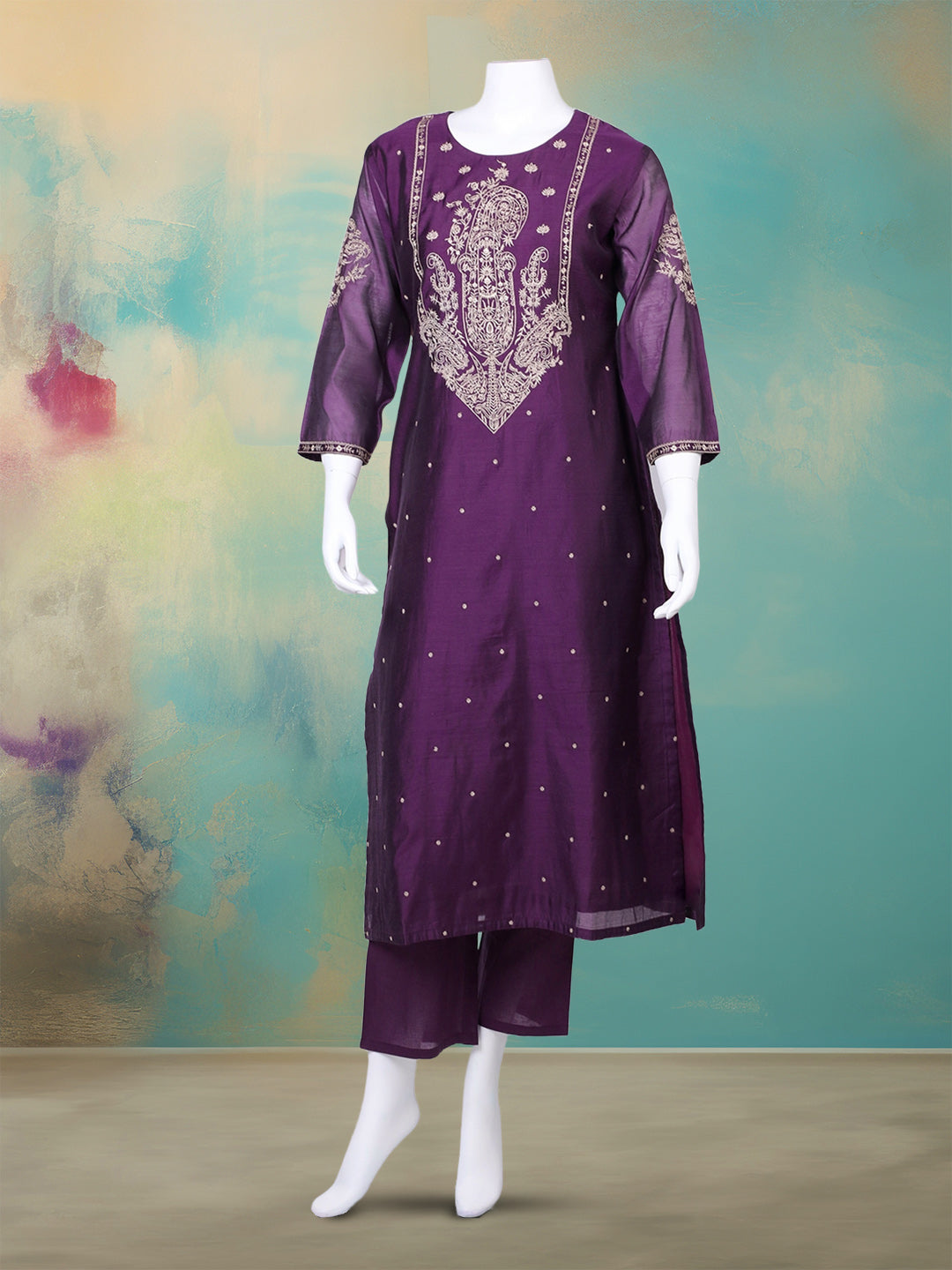 Embroidered Chanderi Kurta With Pant & Dupatta