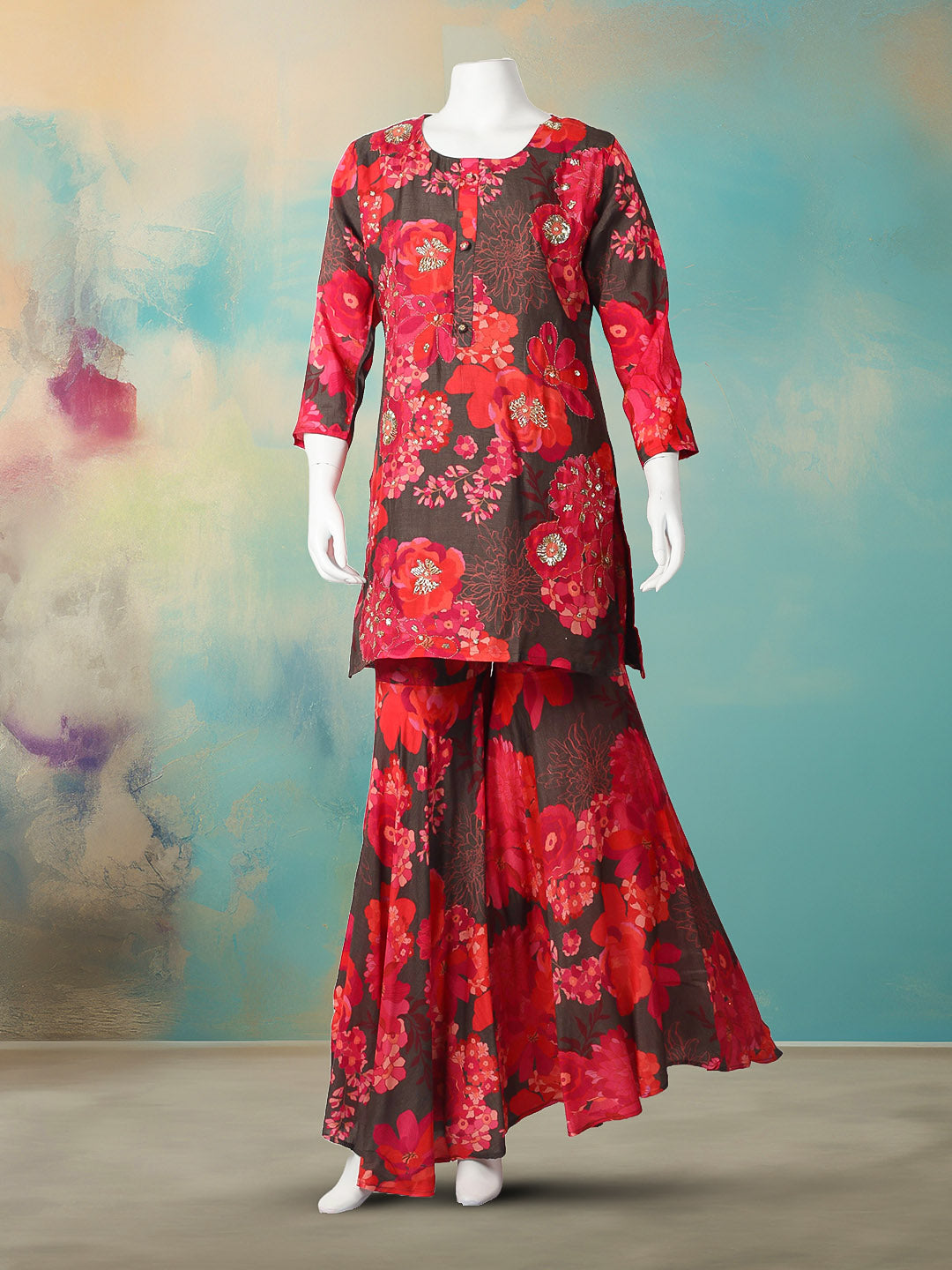 Printed With Embroidered Cotton Blend Kurta With Garara &amp; Dupatta