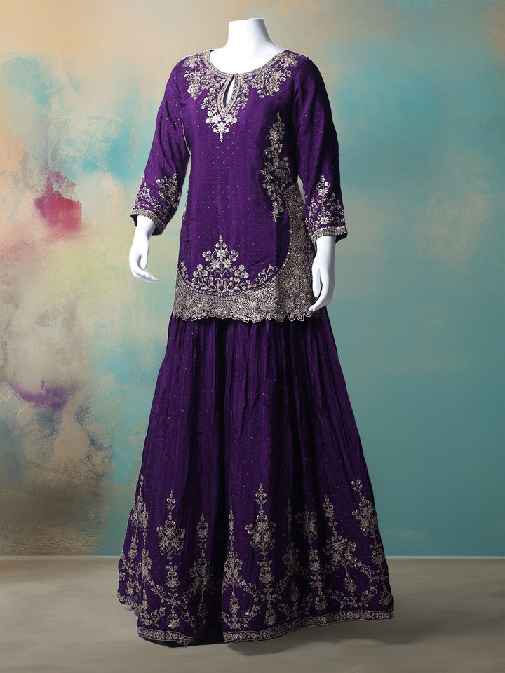 Zari Embroidered Chinon Kurti With Lehenga &amp; Dupatta