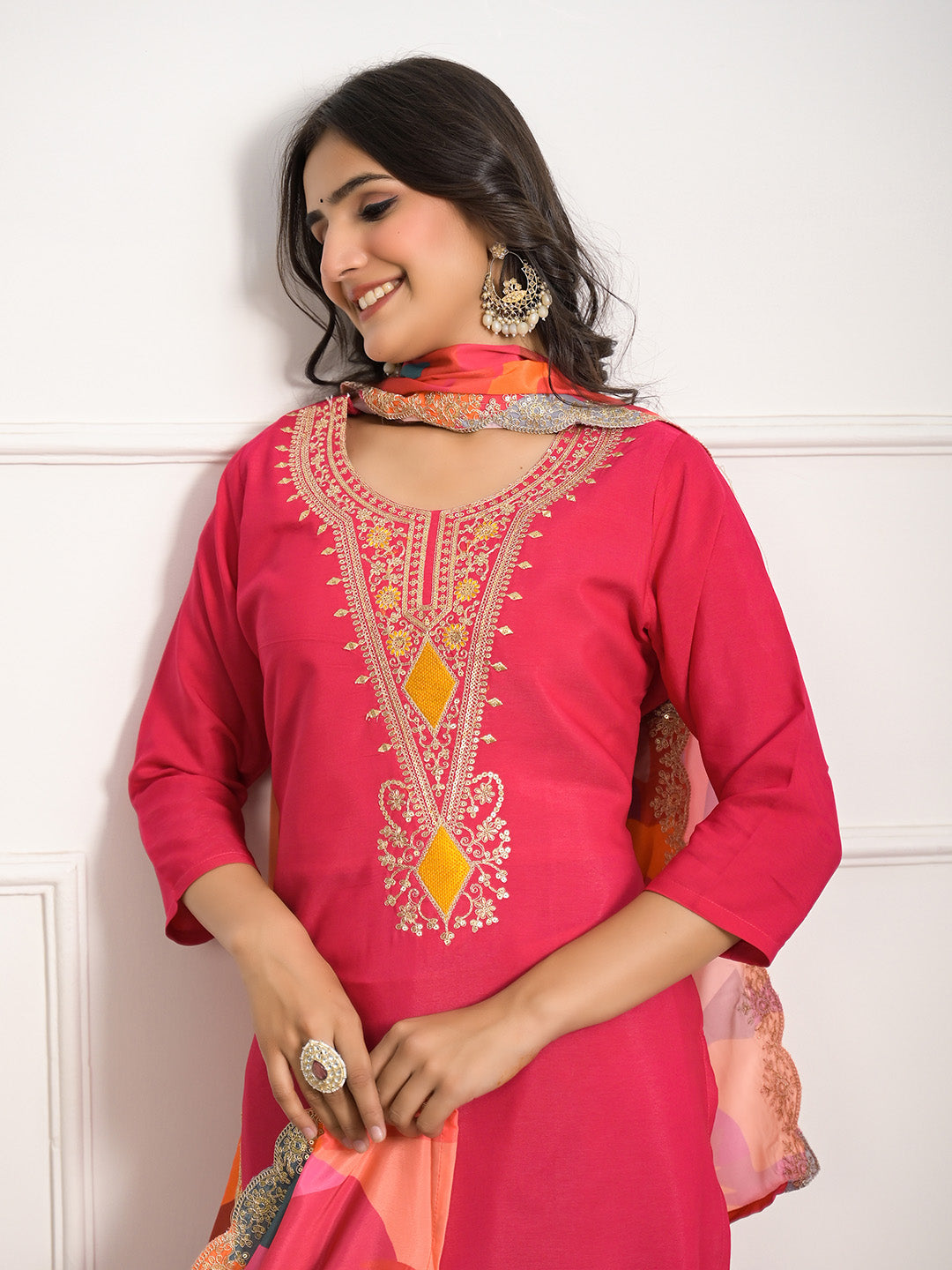 Neck Embroidered Muslin Kurta With Pants &amp; Dupatta