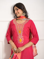 Neck Embroidered Muslin Kurta With Pants & Dupatta