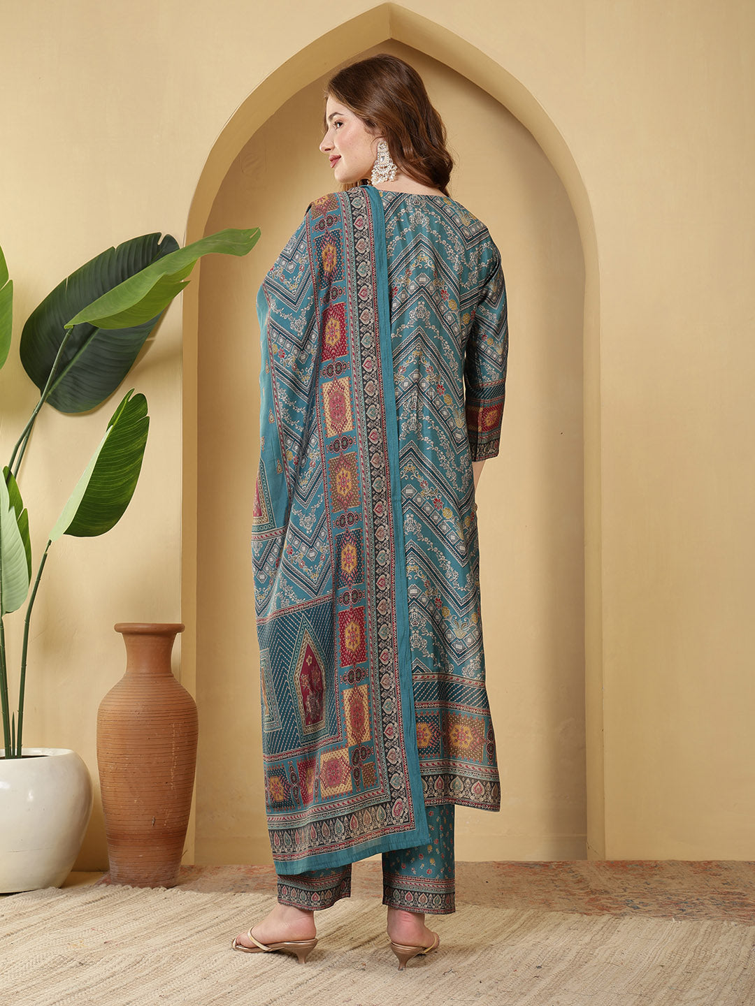 Neck Embroidered Muslin Kurta With Pants &amp; Dupatta