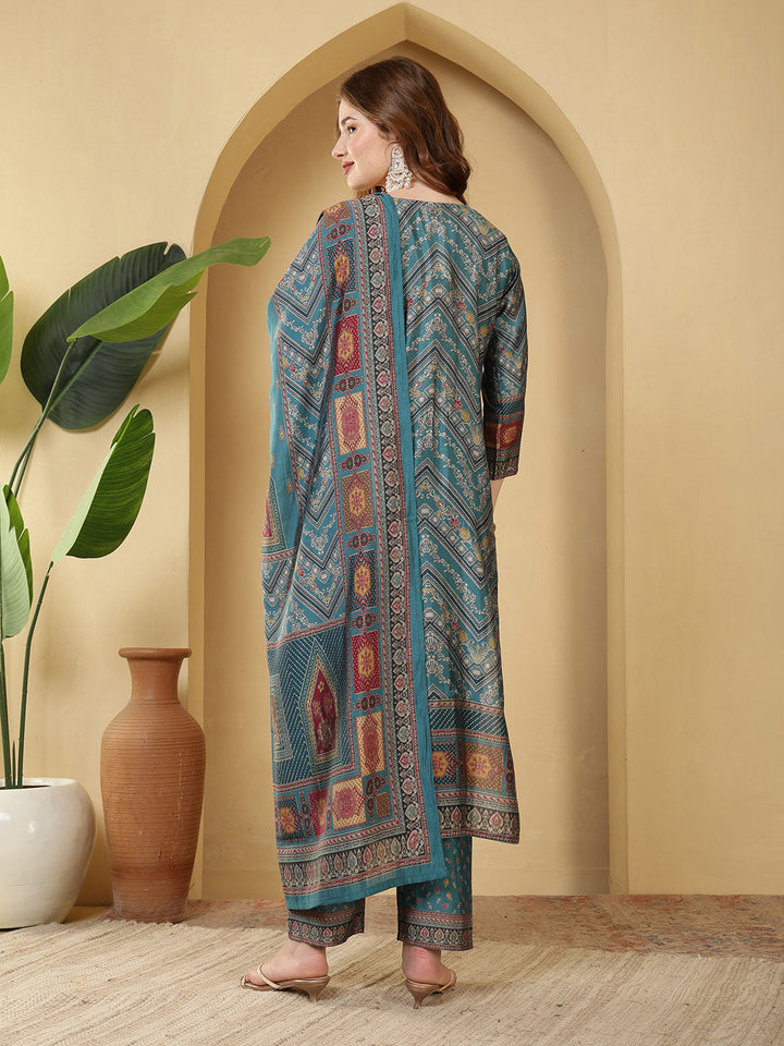 Neck Embroidered Muslin Kurta With Pants &amp; Dupatta