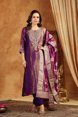 Neck Zari Embroidery Tissue Kurta With Pants & Dupatta