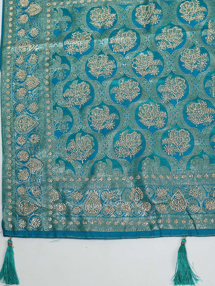 Stone Work Satin Embroidery Saree