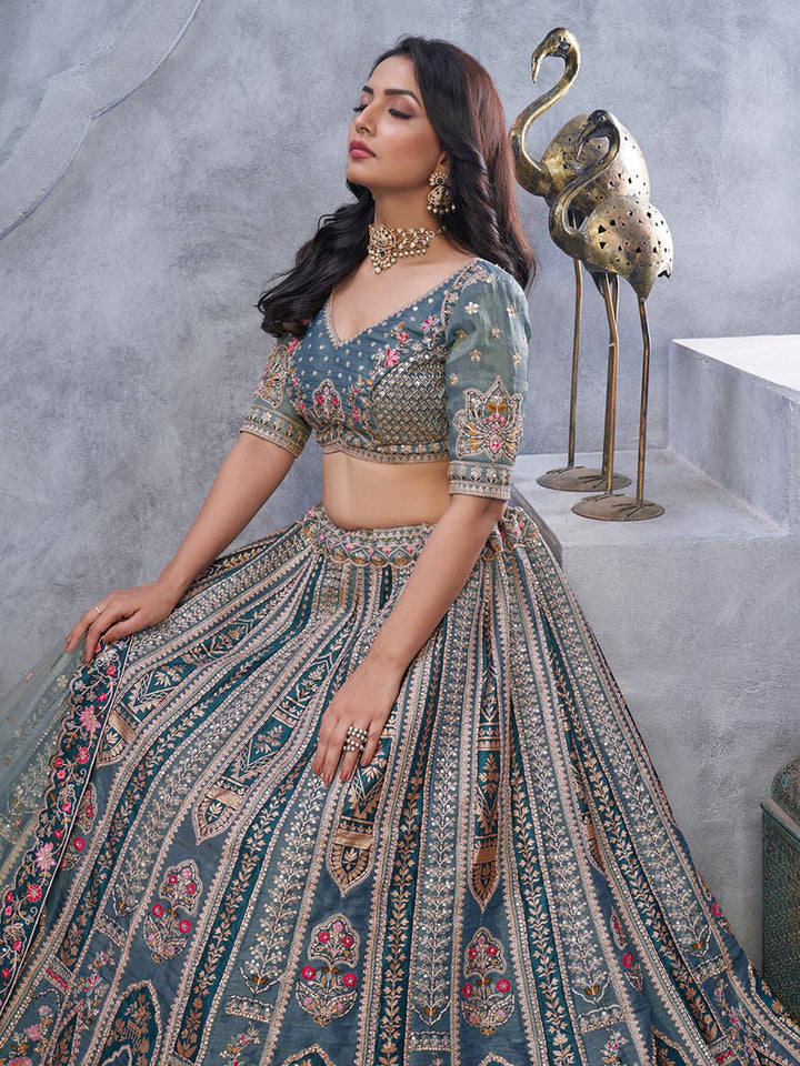 Resham Embroidery Tissue Unstitched Choli With Lehenga &amp; Dupatta