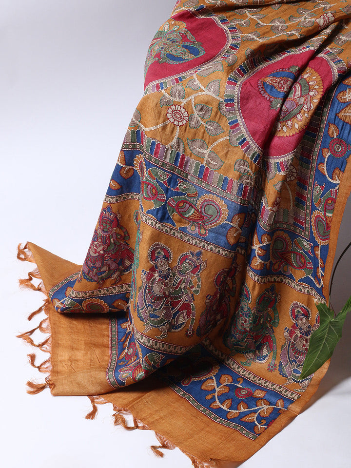 Printed Tussar Unstitched Kurta With Pant &amp; Dupatta