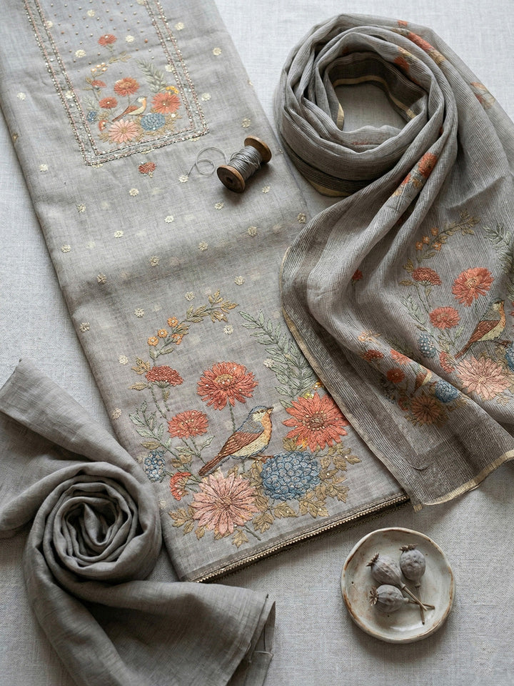 Embroidered Cotton Blend Unstitched Suit With Pant &amp; Dupatta