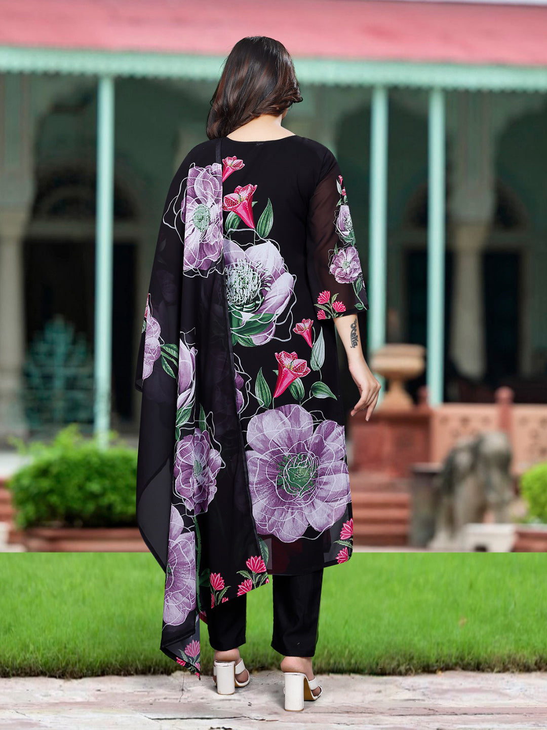 Printed Georgette Kurta With Pants &amp; Dupatta