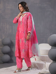 Neck Embroidery Muslin Kurta With Pants & Dupatta