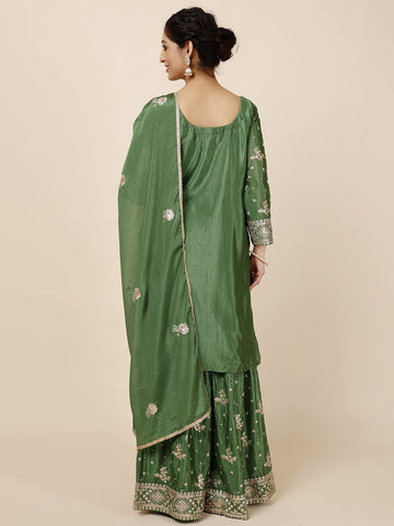 Resham Sequin Embroidery Chinnon Kurta With Garara & Dupatta