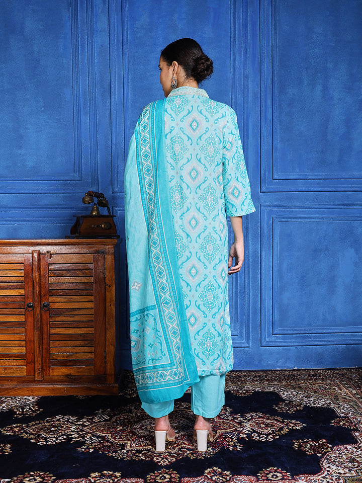 Printed Cotton Blend Kurta With Pants &amp; Dupatta