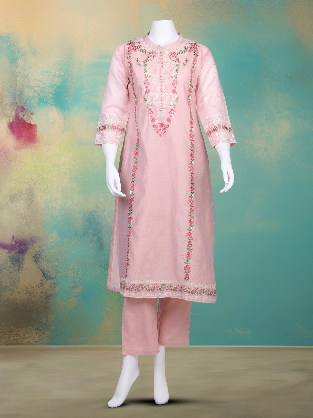 Embroidered Chanderi Kurta With Pant & Dupatta