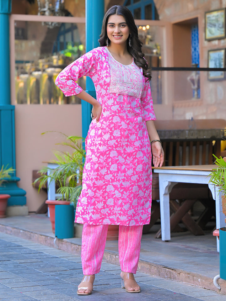 Floral Printed Cotton Kurta With Pants &amp; Dupatta