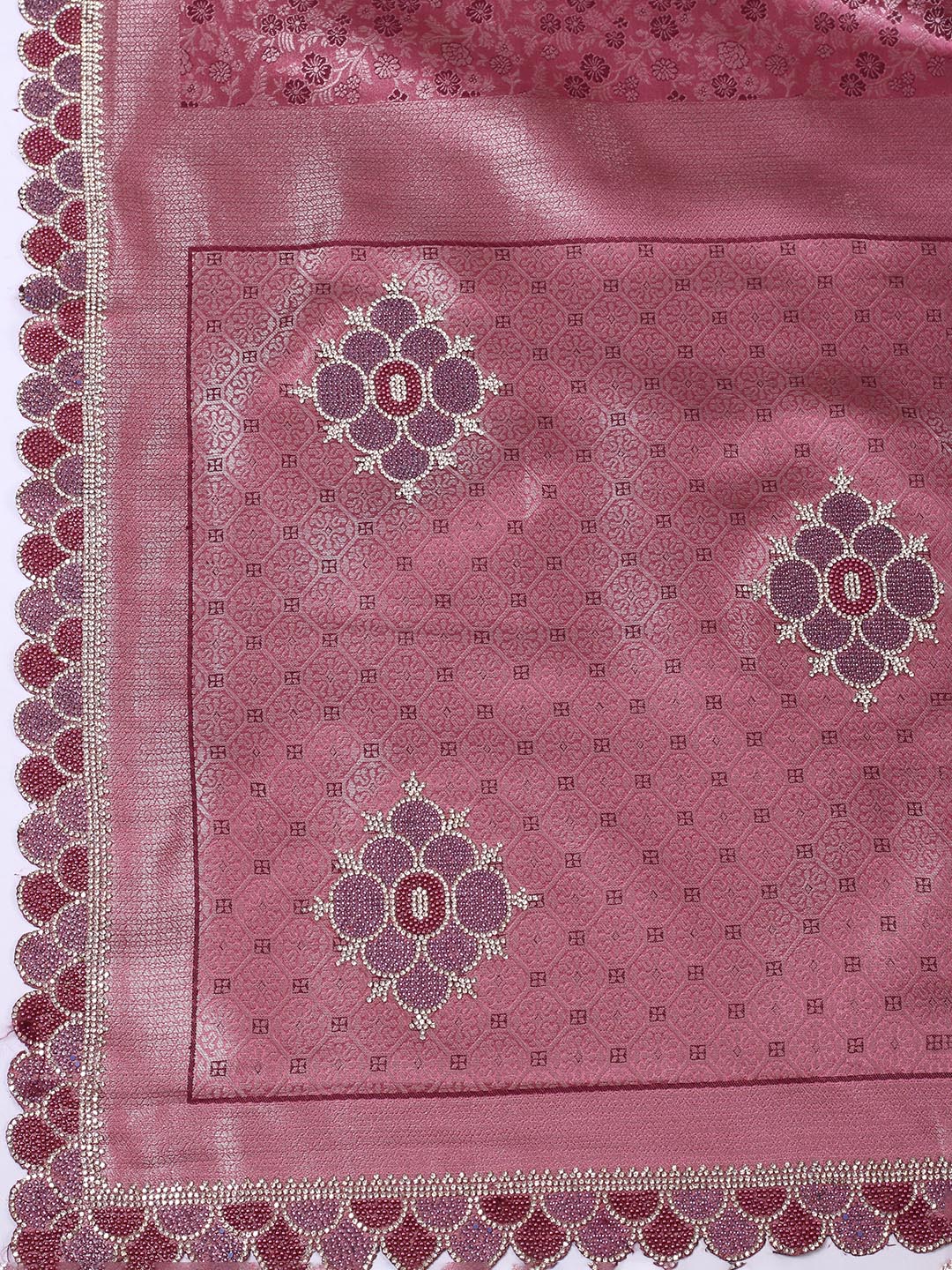 Floral Woven Design &amp; Embellished Border Satin Saree