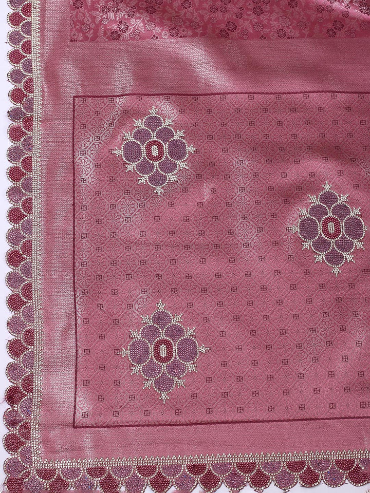 Floral Woven Design &amp; Embellished Border Satin Saree