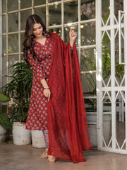 Neck Embroidery Cotton Blend Kurta With Pants & Dupatta