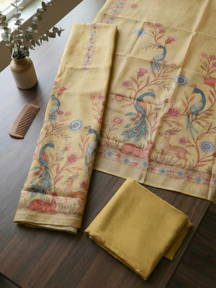 Printed Linen Blend Unstitched Suit With Pant &amp; Dupatta