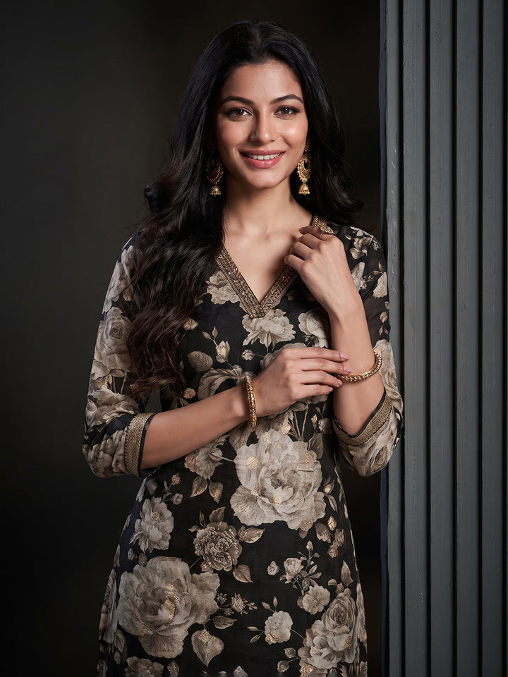 Black Printed Art Silk Kurta With Pant &amp; Dupatta