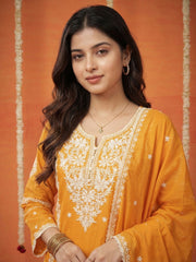 Embroidered Cotton Blend Kurta With Pant & Dupatta