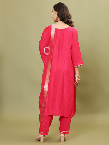 Neck Embroidery Cotton Blend Kurta With Pants & Dupatta