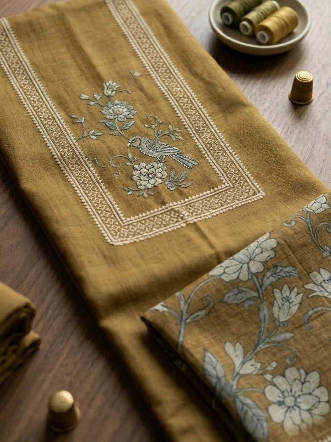 Embroidered Linen Blend Unstitched Suit With Pant &amp; Dupatta
