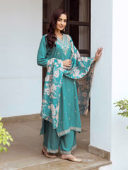 Neck Embroidery Cotton Blend Kurta With Pants & Dupatta