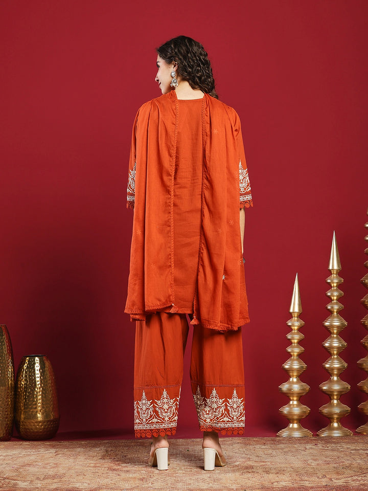 Embroidered Cotton Kurta With Pant &amp; Dupatta