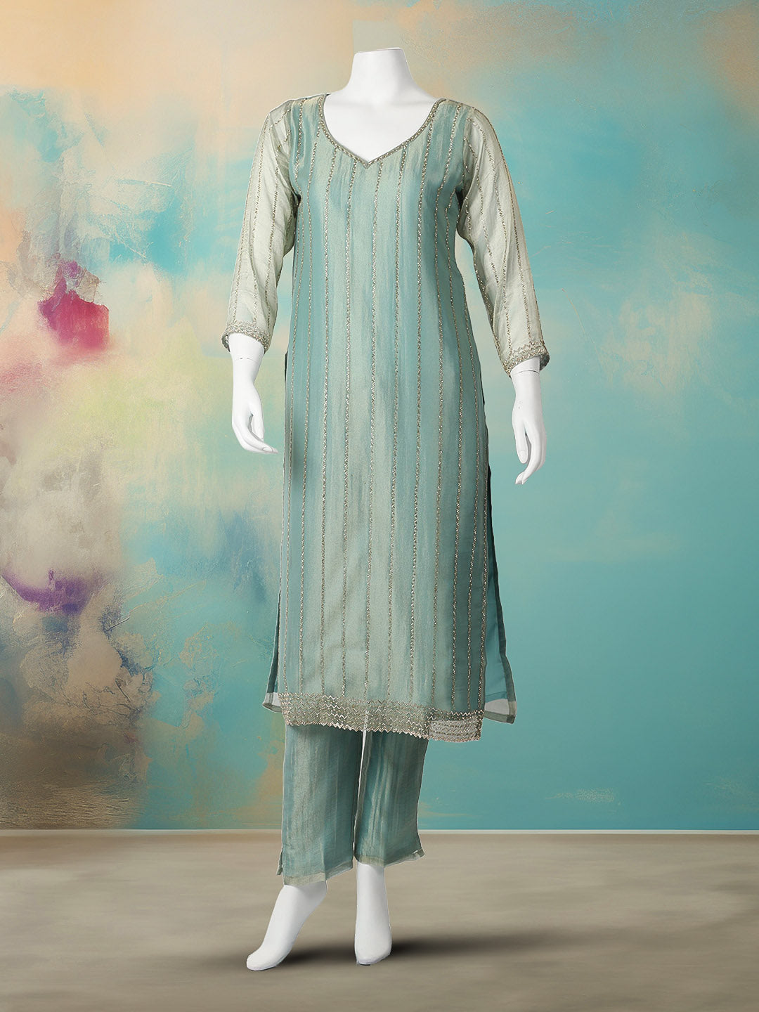 CutDana Embroidered Tissue Stitched Kurta With Pant &amp; Dupatta