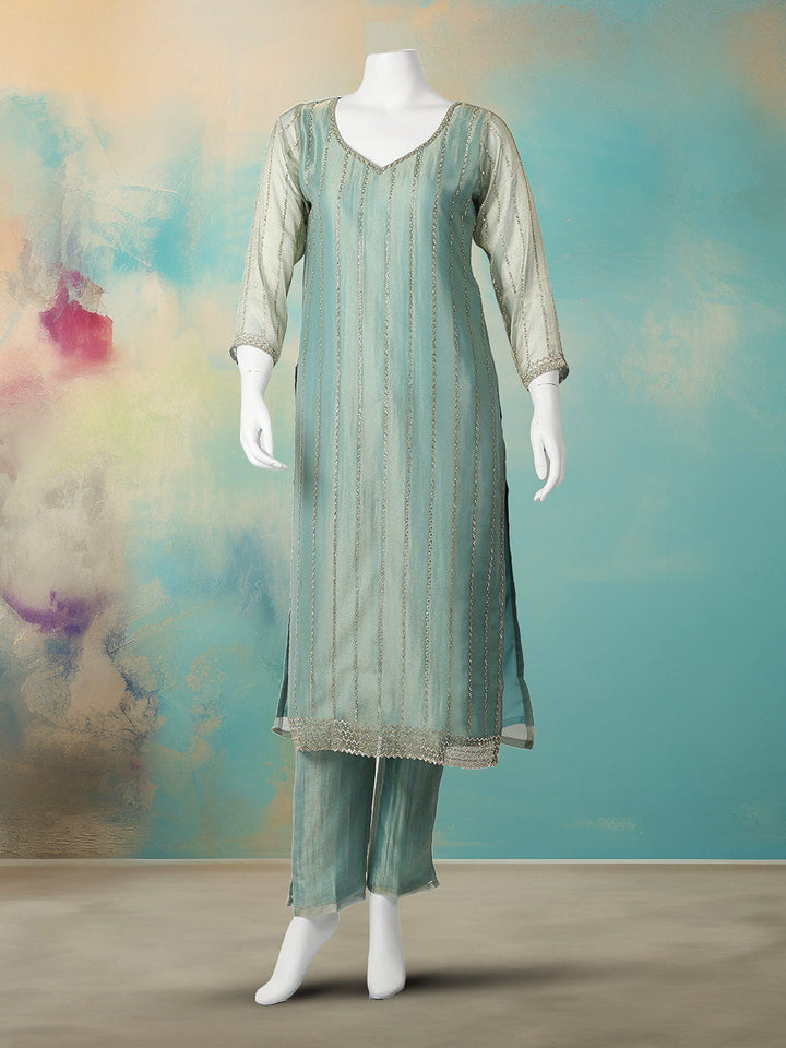 CutDana Embroidered Tissue Stitched Kurta With Pant &amp; Dupatta