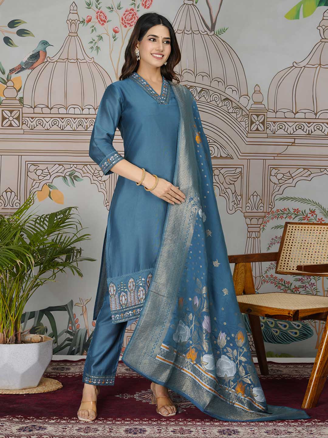 Embroidered Tissue Kurta With Pants &amp; Dupatta