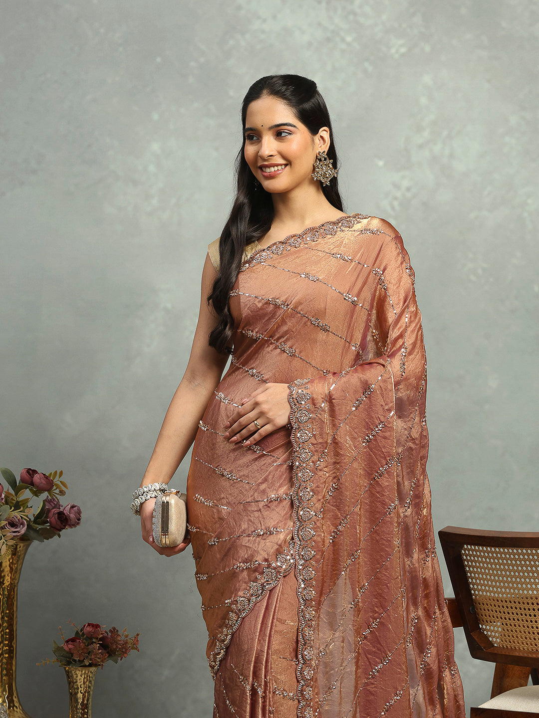 Stone &amp; Cut Work Embellished Organza Saree
