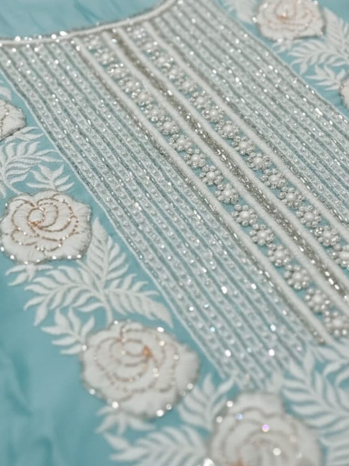 Embroidered Chanderi Unstitched Suit With Pant &amp; Dupatta