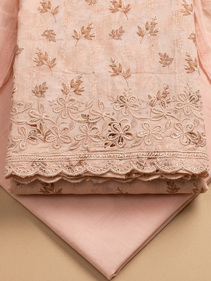 Peach Printed Cotton Blend Unstitched Suit &amp; Pant With Cotton Dupatta