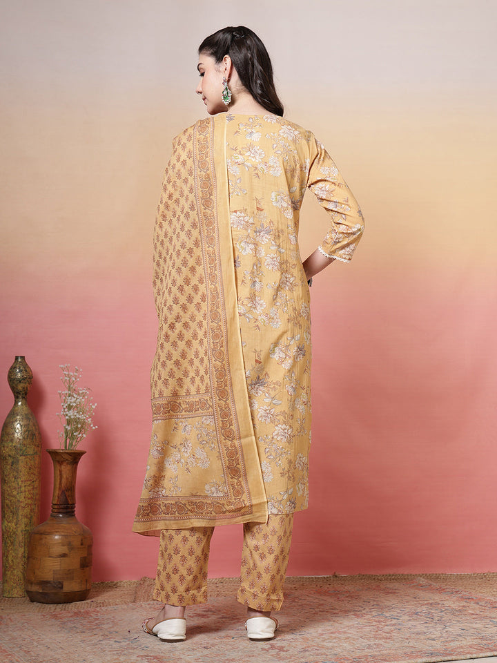 Embroidered Cotton Kurta With Pant &amp; Dupatta