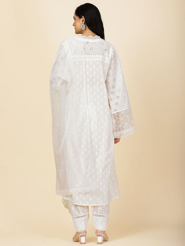 Neck Embroidery Cotton Kurta With Pants & Dupatta