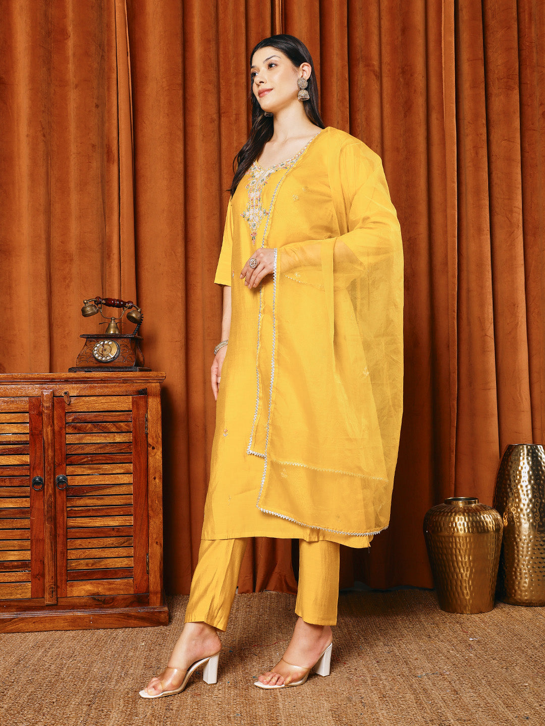 Embroidered Cotton Blend Kurta With Pants & Dupatta